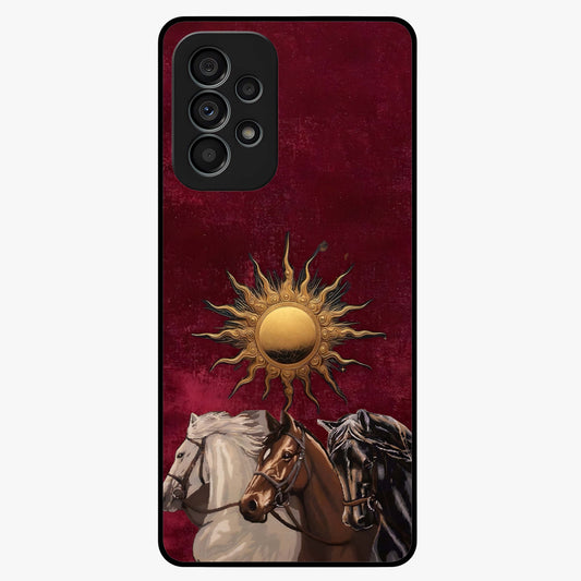 Solar Riders Glass Case showing flat back view with dynamic rider themed artwork and glossy glass finish.