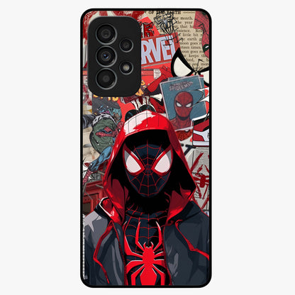 Spider Collage Street Glass Case showing flat back view with vibrant superhero collage artwork and glossy glass finish.