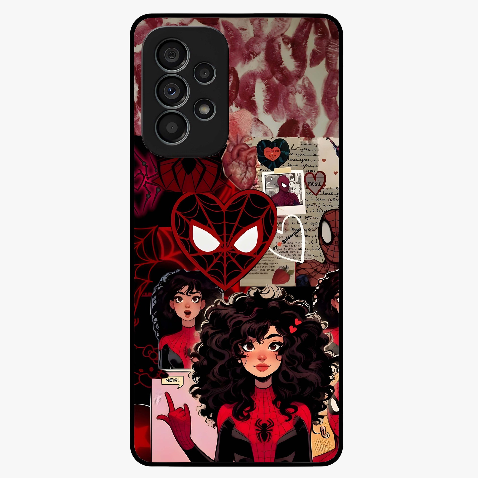 Spider Love Story Glass Case showing flat back view with romantic superhero themed artwork and glossy glass finish.