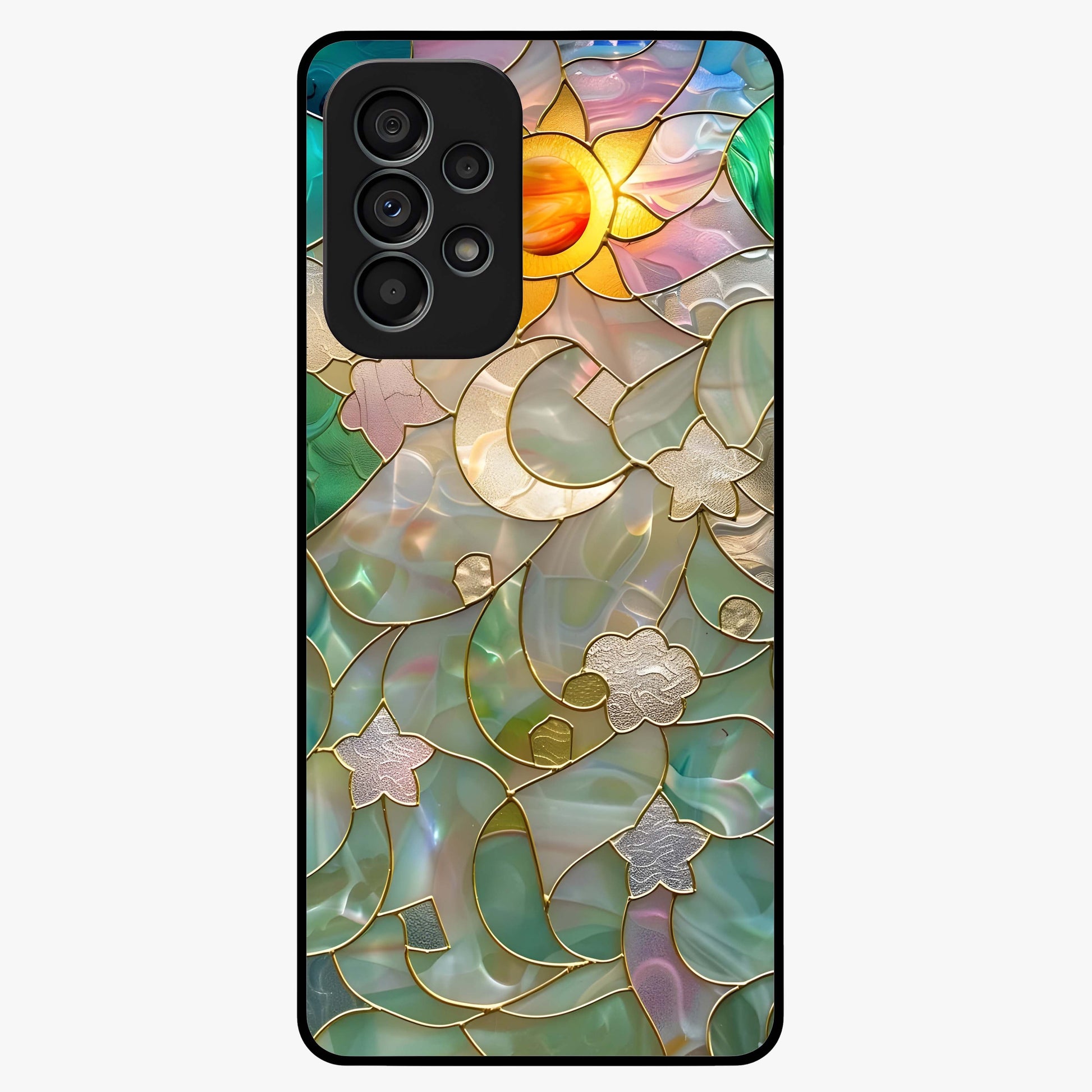 Stained Sunrise Glow Glass Case showing flat back view with glowing sunrise stained pattern artwork and glossy glass finish.