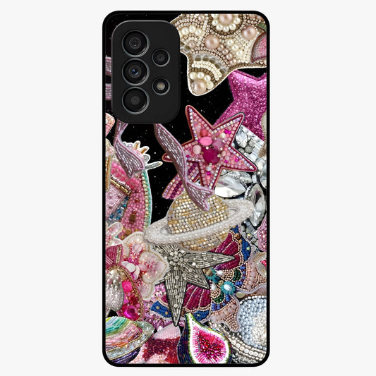 Starlit Jewel Dream Glass Case showing flat back view with sparkling jewel and star themed artwork and glossy glass finish.