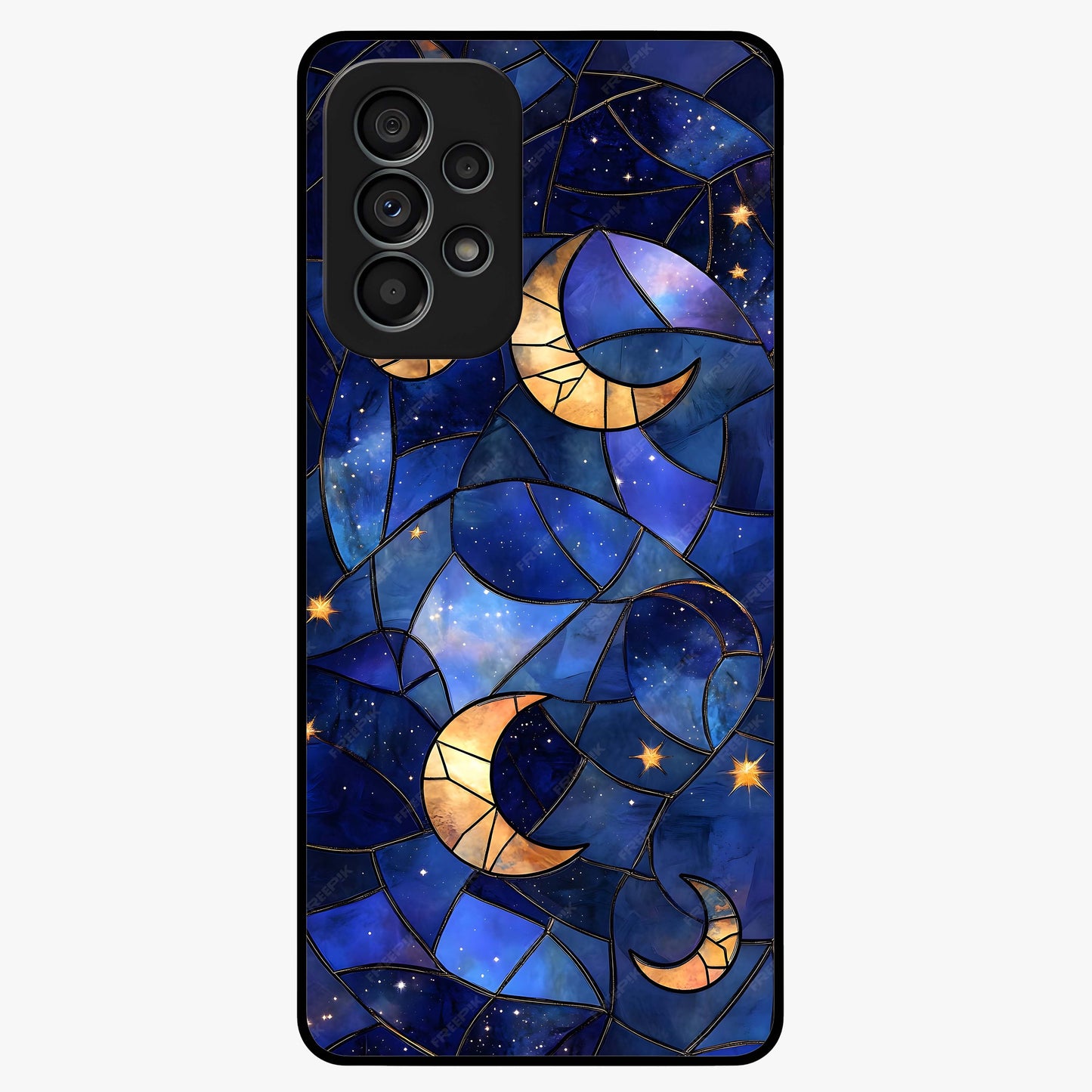 Starlit Sky Tapestry Glass Case showing flat back view with decorative starry sky tapestry artwork and glossy glass finish.
