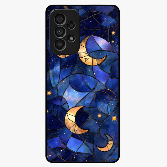 Starlit Sky Tapestry Glass Case showing flat back view with decorative starry sky tapestry artwork and glossy glass finish.