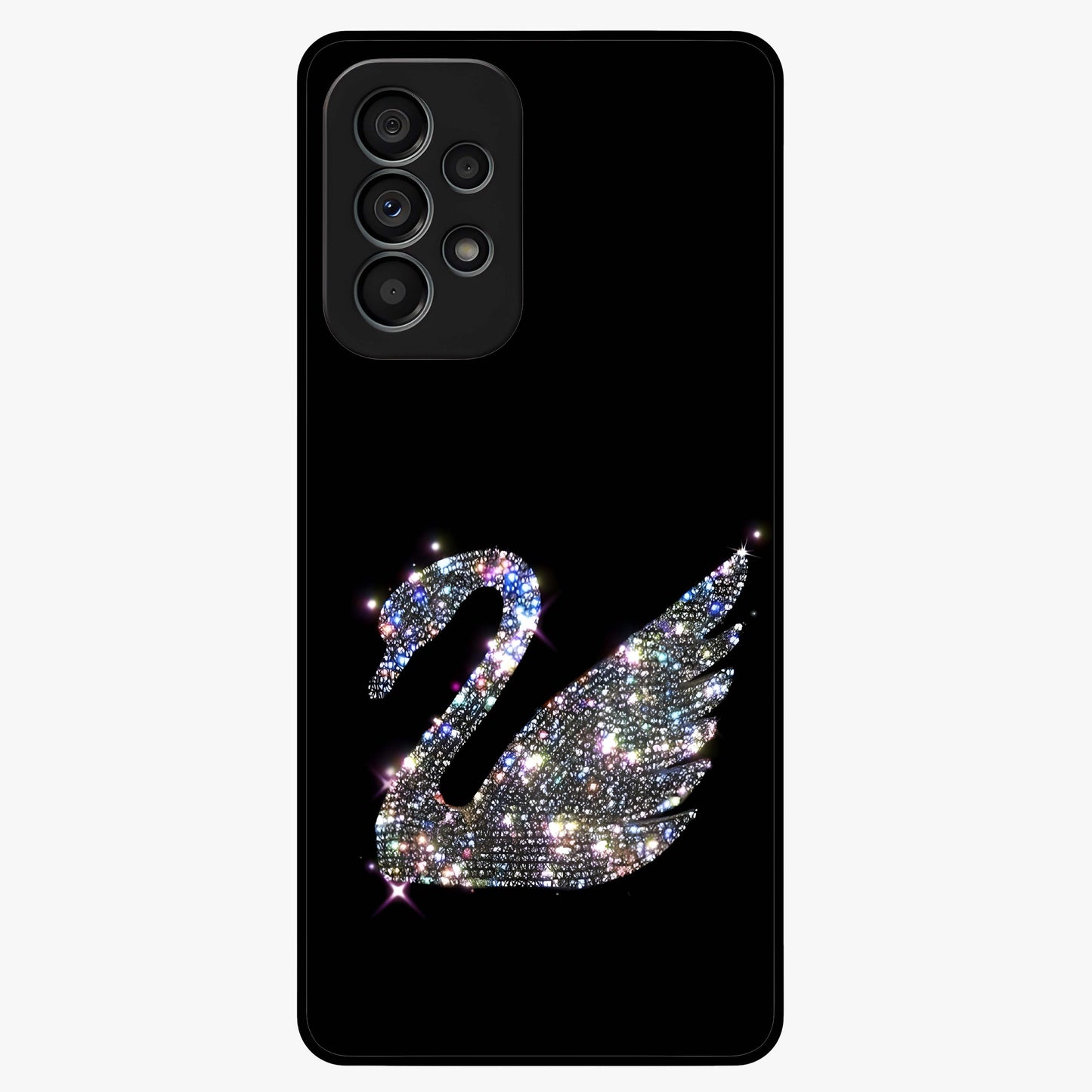 Starlit Swan Grace Glass Case showing flat back view with graceful swan artwork under starry sky and glossy glass finish.