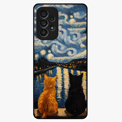 Starry River Cats Glass Case showing flat back view with cats by a starry river artwork and glossy glass finish.