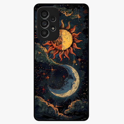 Sun And Moon Magic Design Glass Case showing flat back view with mystical sun and moon artwork and glossy glass finish.