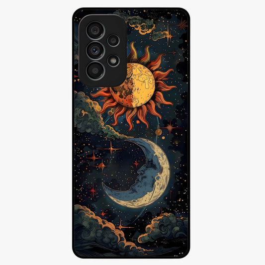Sun And Moon Magic Design Glass Case showing flat back view with mystical sun and moon artwork and glossy glass finish.
