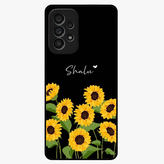 Sunflower Chic Mood Custom Name Glass Case showing flat back view with stylish sunflower artwork and personalized name design.