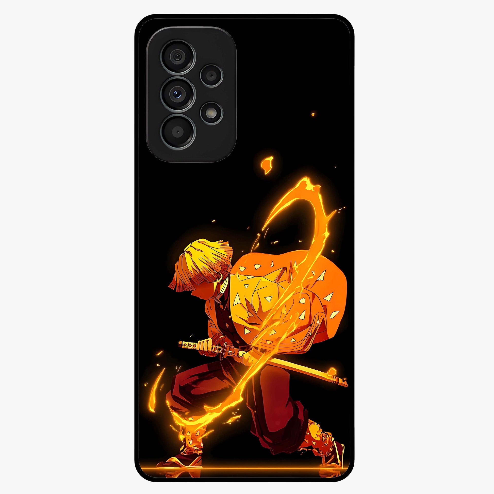 Thunder Flame Execution Glass Case showing flat back view with powerful flame and lightning artwork and glossy glass finish.