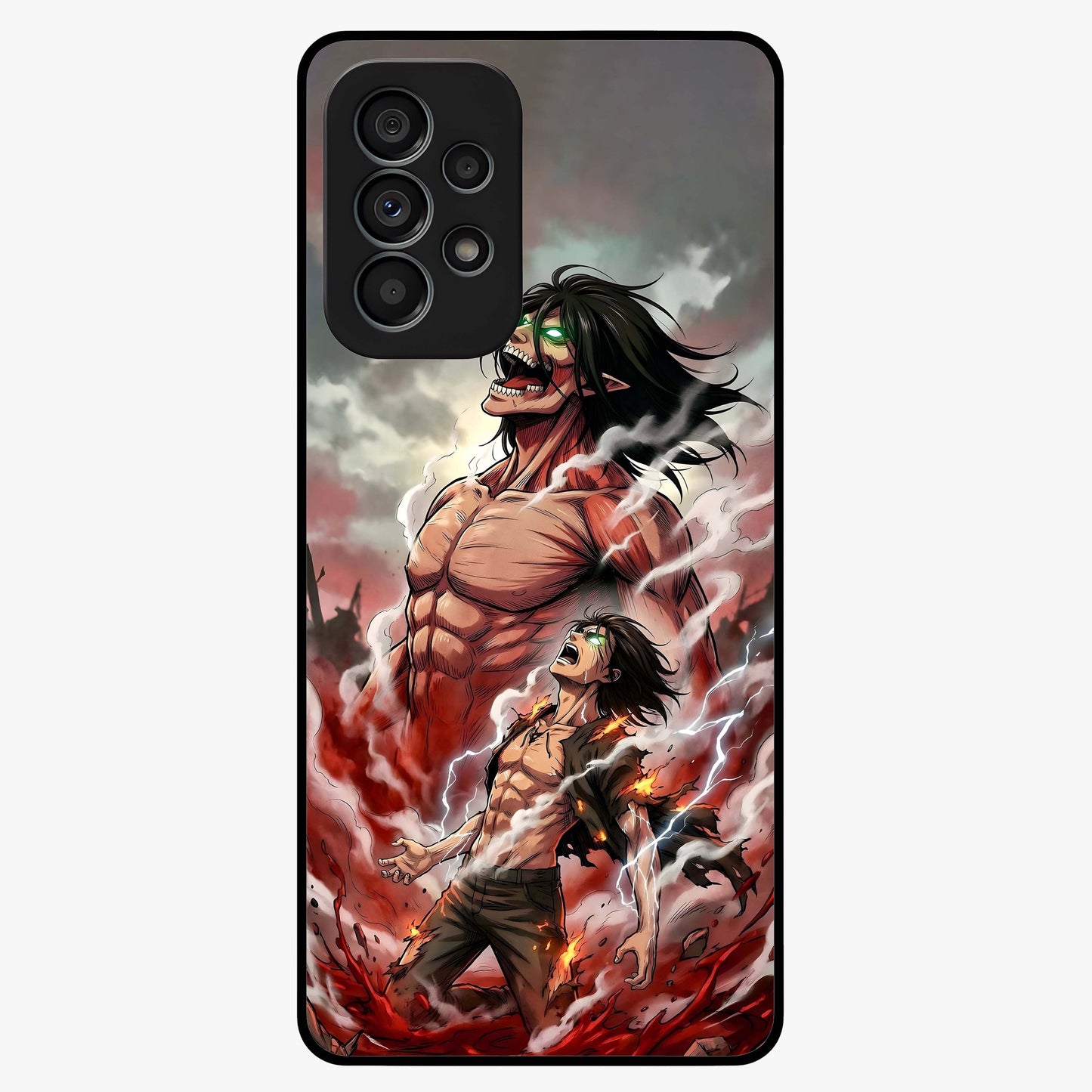 Titan Awakening Fury Glass Case showing flat back view with powerful titan inspired artwork and glossy glass finish.