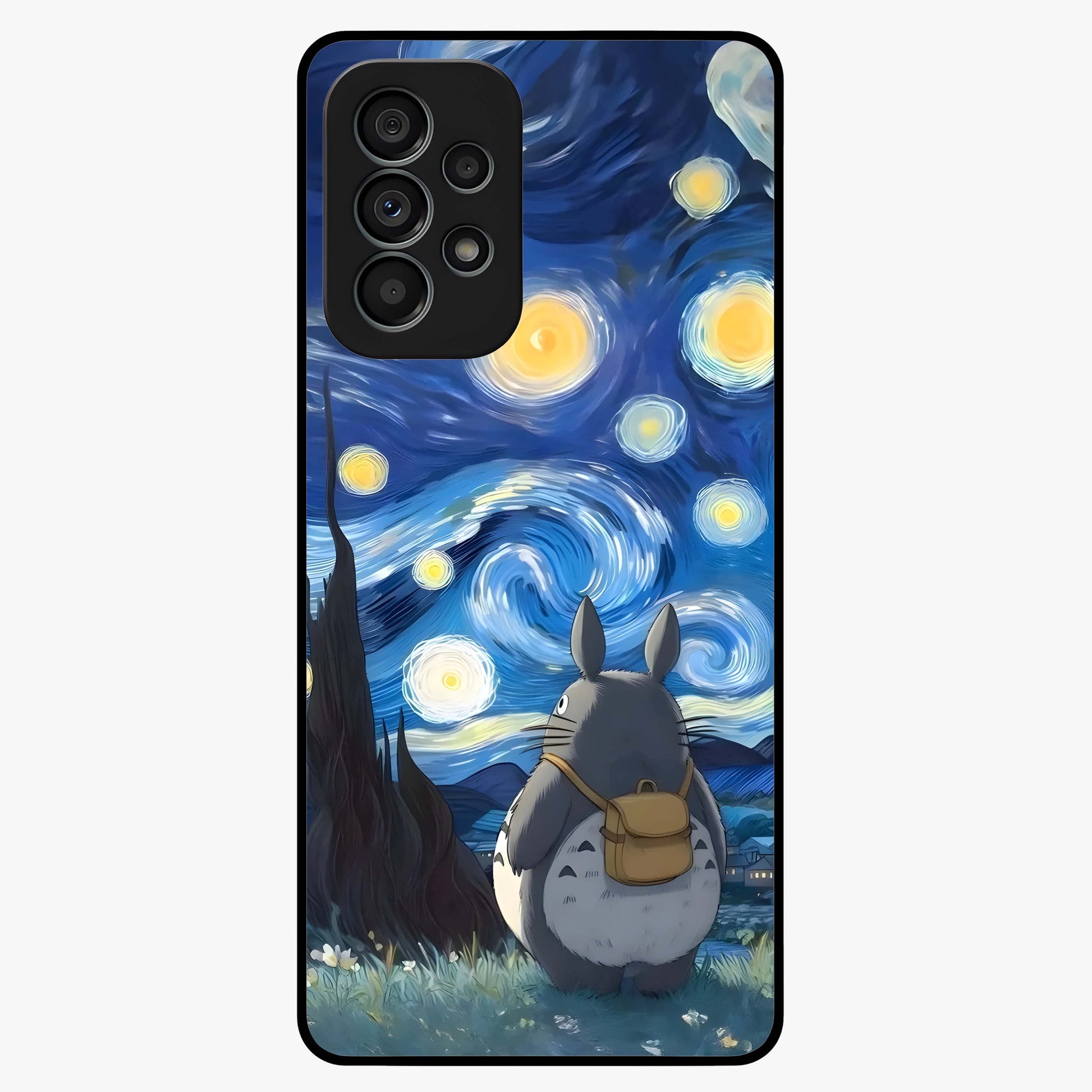 Totoro In Van Gogh Art Glass Case showing flat back view with whimsical character artwork inspired by Van Gogh style and glossy glass finish.