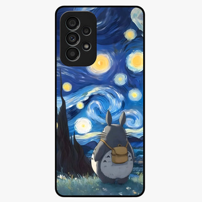 Totoro In Van Gogh Art Glass Case showing flat back view with whimsical character artwork inspired by Van Gogh style and glossy glass finish.