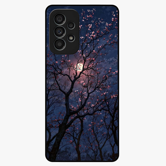 Twilight Sakura Serenade Glass Case showing flat back view with cherry blossom artwork at twilight and glossy glass finish.