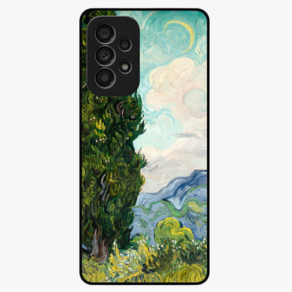Van Gogh Vintage Art Glass Case showing flat back view with vintage painterly artwork inspired by Van Gogh style and glossy glass finish.