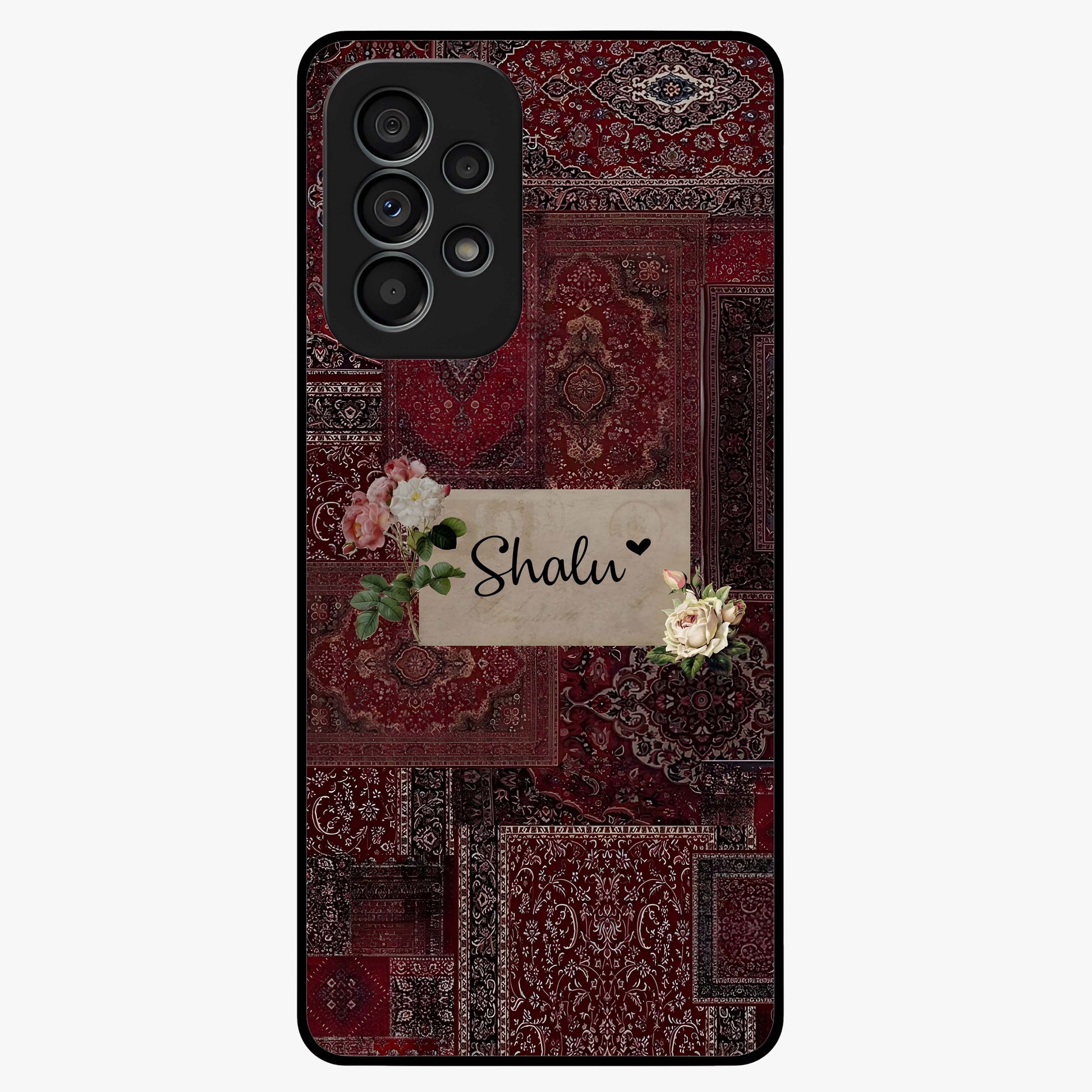 Velvet Wine Pattern Custom Name Glass Case showing flat back view with elegant wine colored pattern artwork and personalized name design.