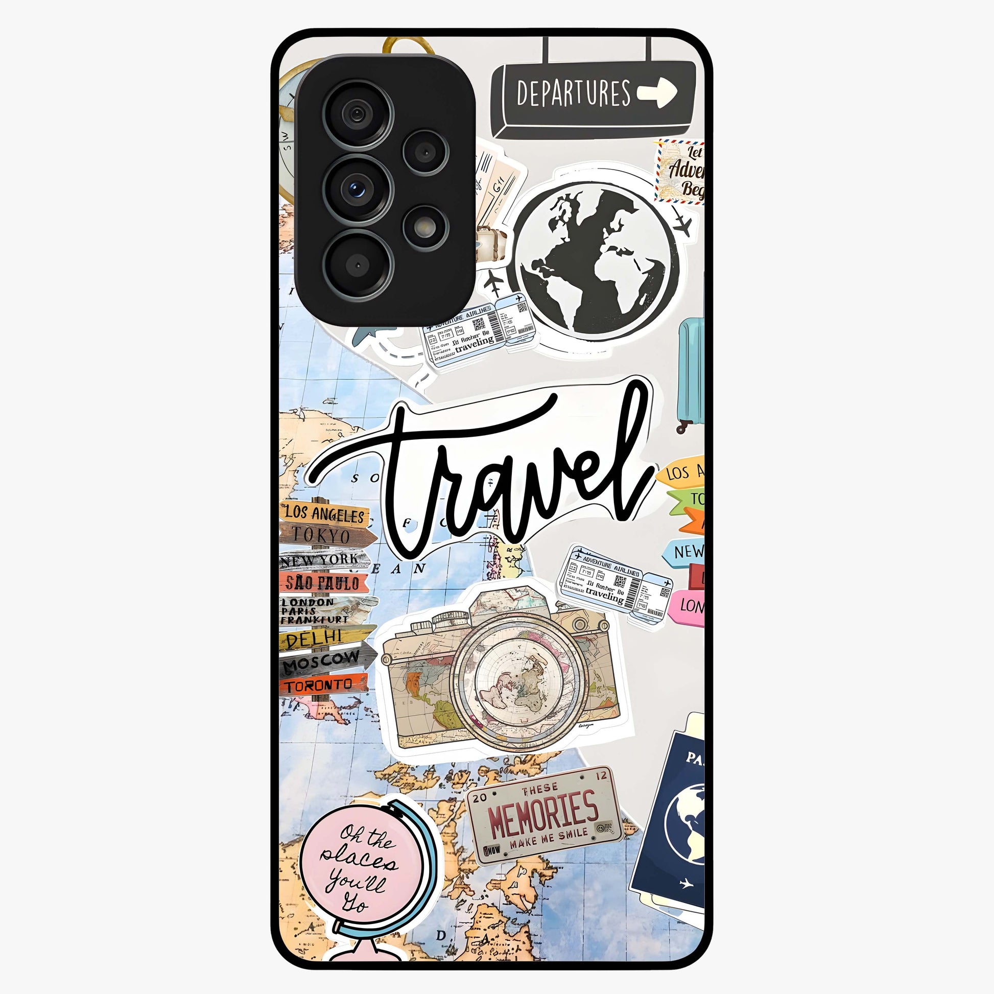 Wanderlust Journal Glass Case showing flat back view with travel inspired artwork and glossy glass finish.