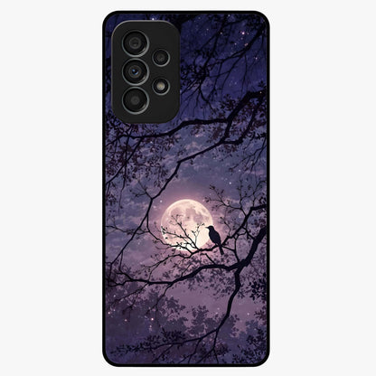 Whispering Moon Silence Glass Case showing flat back view with serene moon themed artwork and glossy glass finish.