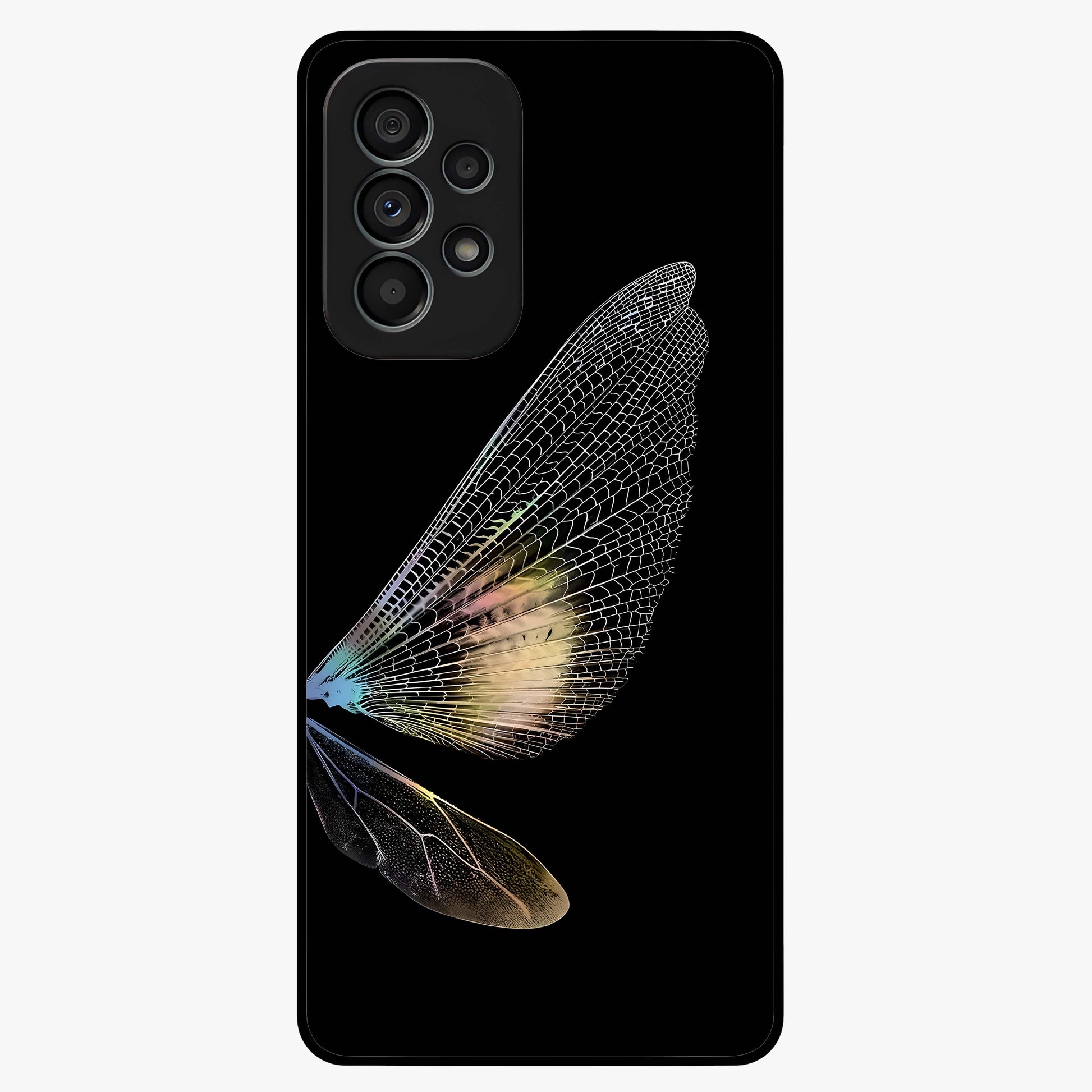 Whispers Of Wings Glass Case showing flat back view with graceful wing inspired artwork and glossy glass finish.