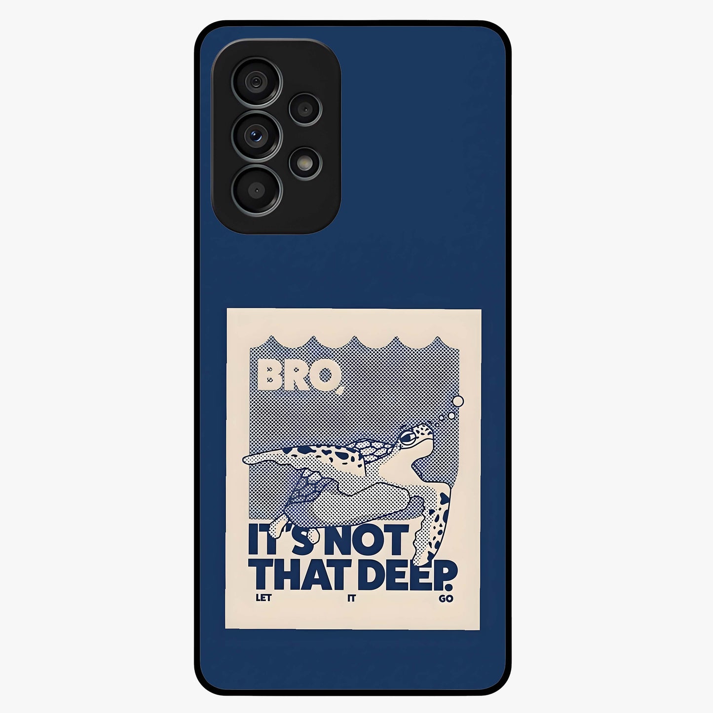 Worry Less Swim Glass Case showing flat back view with playful motivational artwork and glossy glass finish.