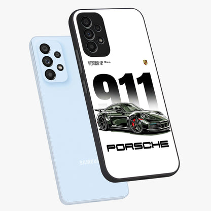 911 Turbo Dominance Glass Case displayed in premium angled mockup highlighting sporty car illustration and sleek glass surface.