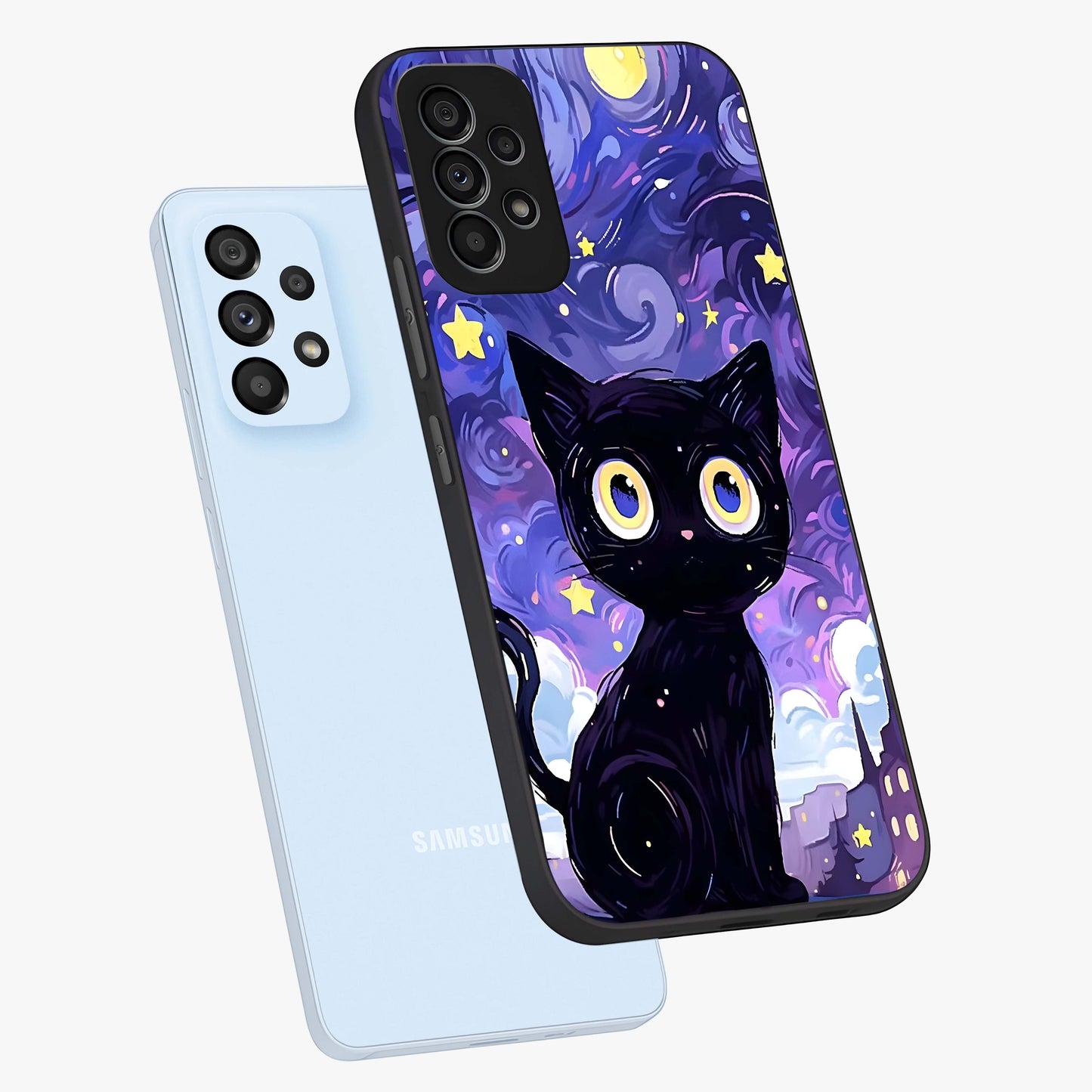 Abstract Cat Art Glass Case displayed in angled mockup highlighting modern abstract cat artwork and sleek glass surface.
