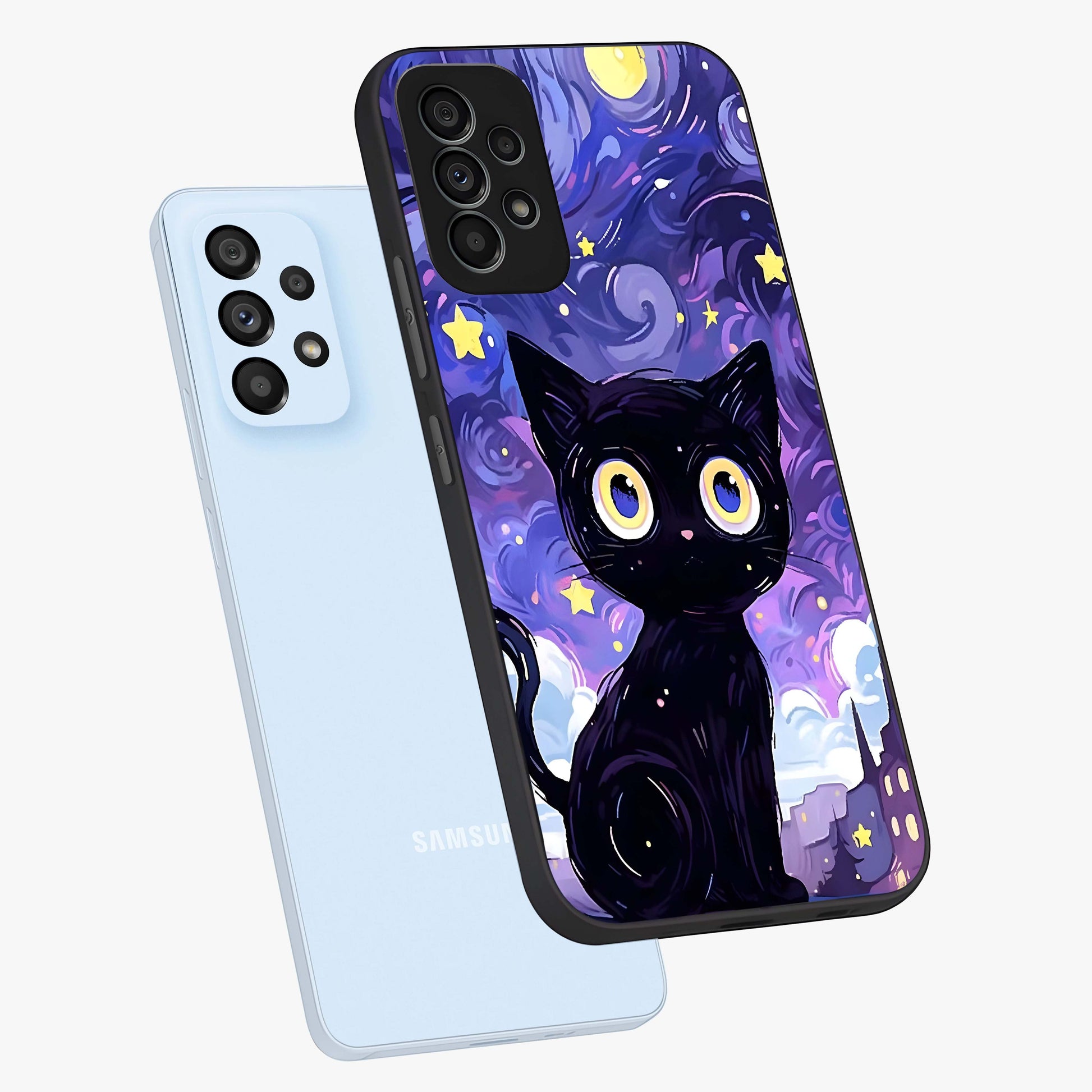 Abstract Cat Art Glass Case displayed in angled mockup highlighting modern abstract cat artwork and sleek glass surface.