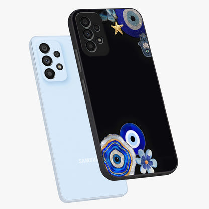 Aesthetic Blue Evil Eye Glass Case displayed in angled mockup highlighting blue evil eye symbol and spiritual aesthetic design.