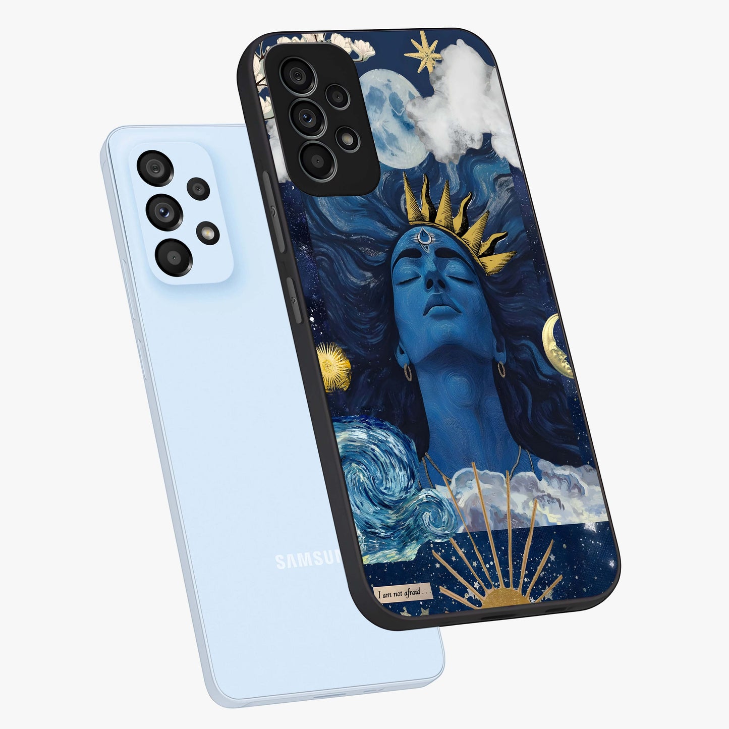 Aesthetic Lord Shiva Glass Case displayed in angled mockup highlighting spiritual Shiva illustration and sacred aesthetic design.