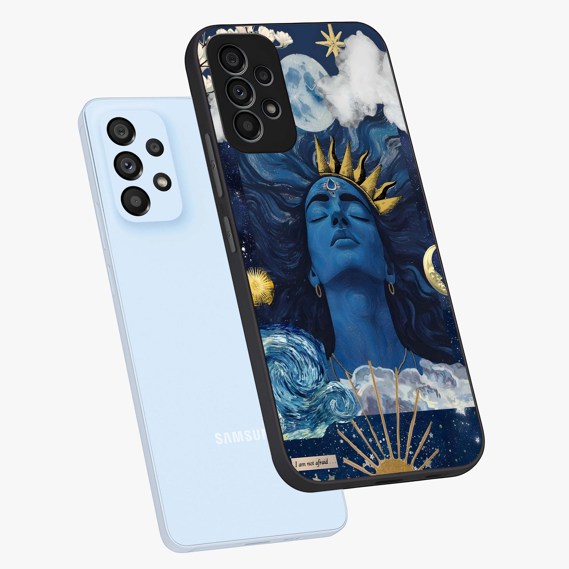 Aesthetic Lord Shiva Glass Case displayed in angled mockup highlighting spiritual Shiva illustration and sacred aesthetic design.