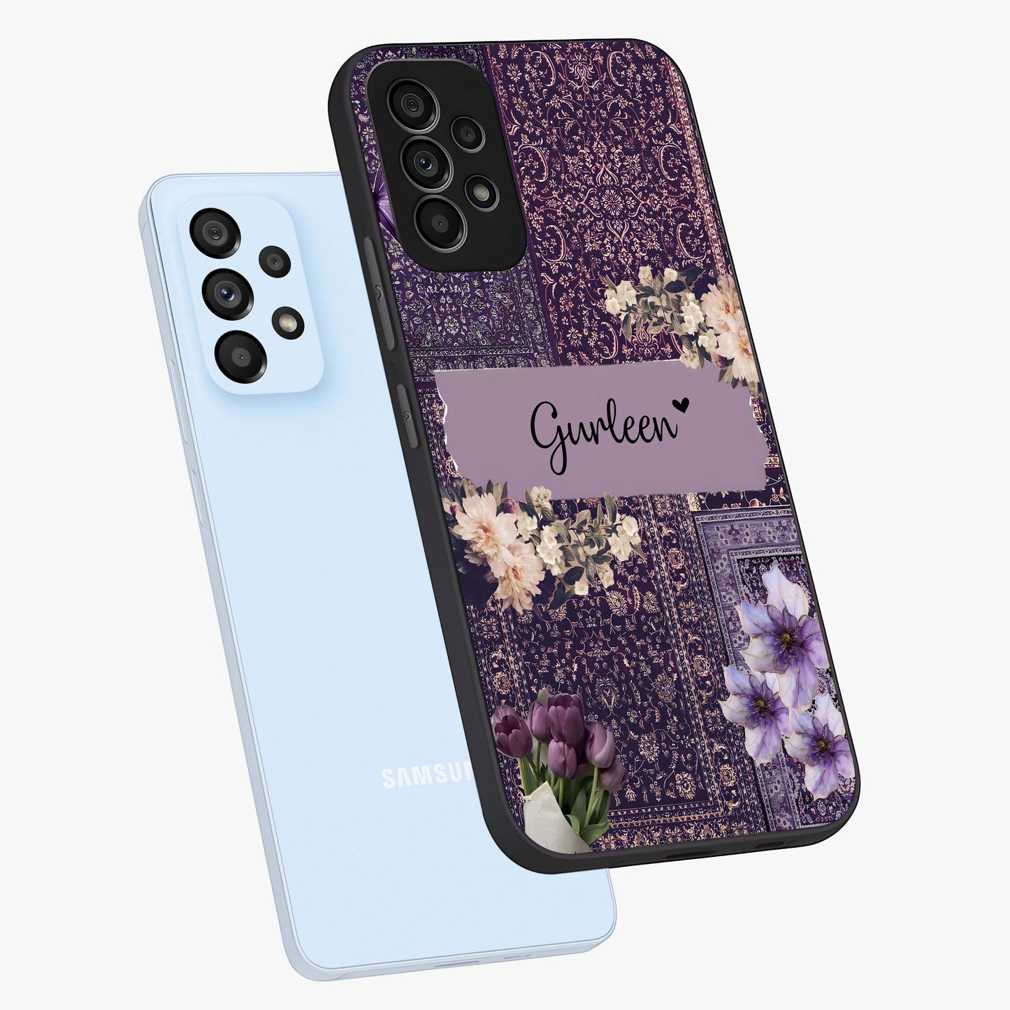 Antique Floral Whisper Custom Name Glass Case displayed in angled mockup highlighting elegant antique floral aesthetic.