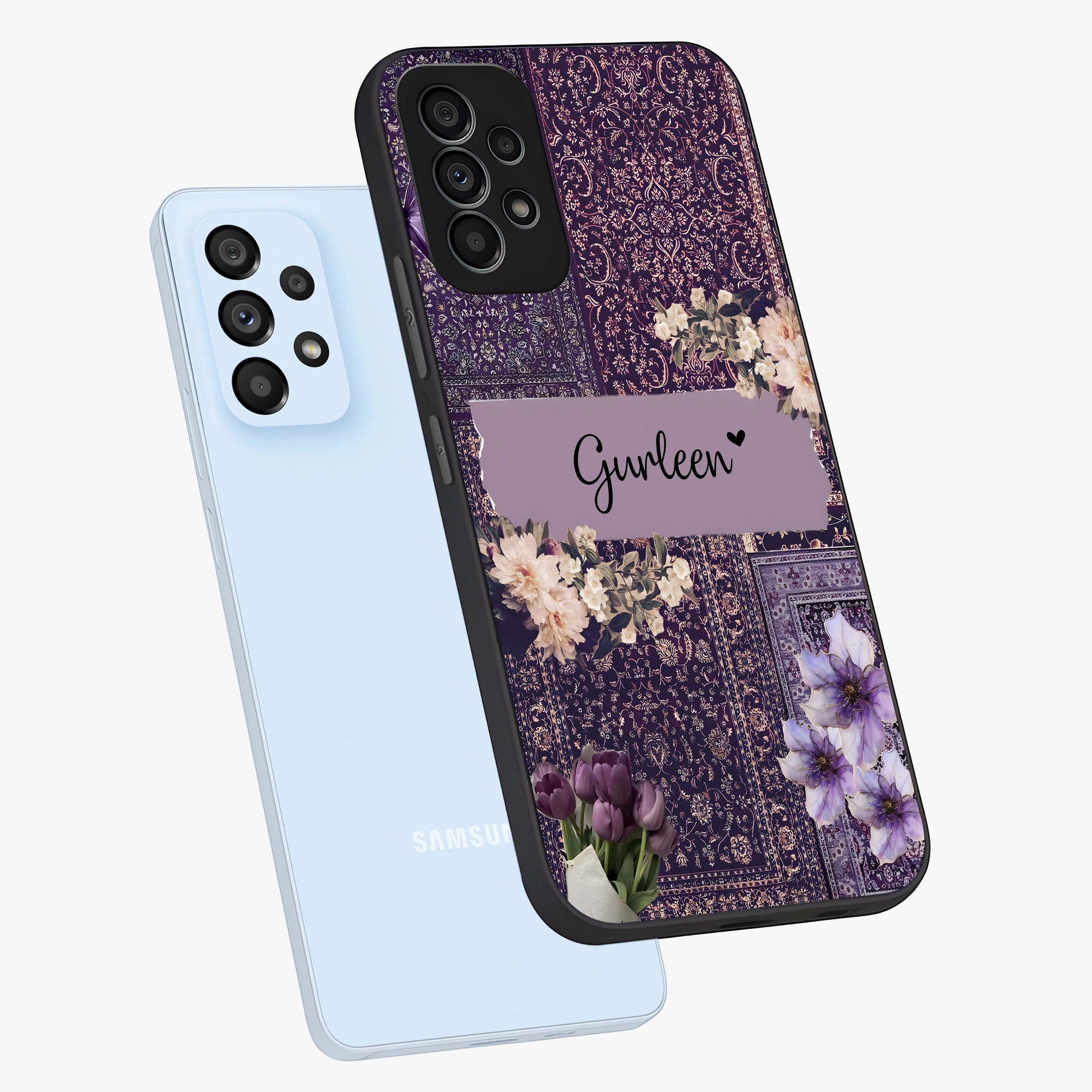 Antique Floral Whisper Custom Name Glass Case displayed in angled mockup highlighting elegant antique floral aesthetic.