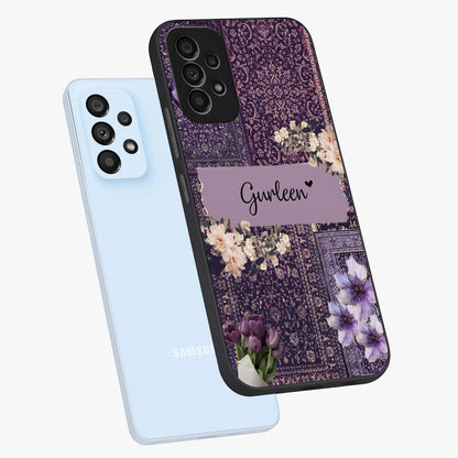 Antique Floral Whisper Custom Name Glass Case displayed in angled mockup highlighting elegant antique floral aesthetic.