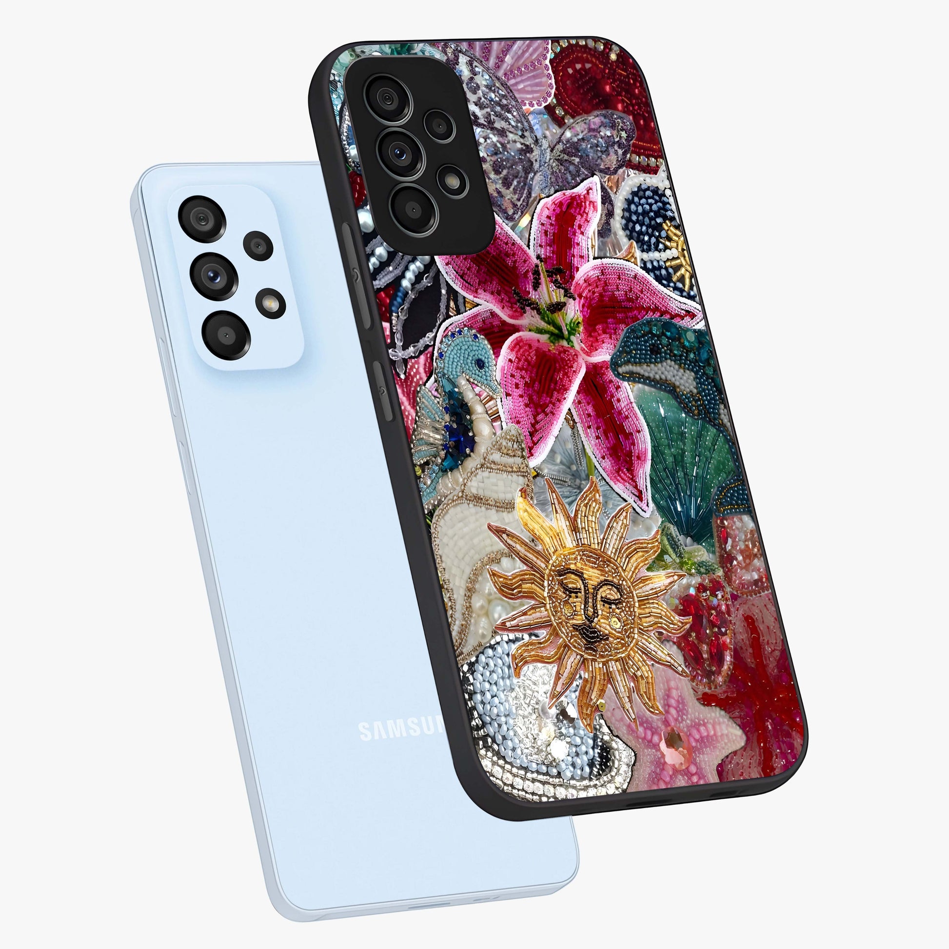 Beaded Garden Fantasy Glass Case displayed in angled mockup highlighting fantasy inspired floral bead pattern.