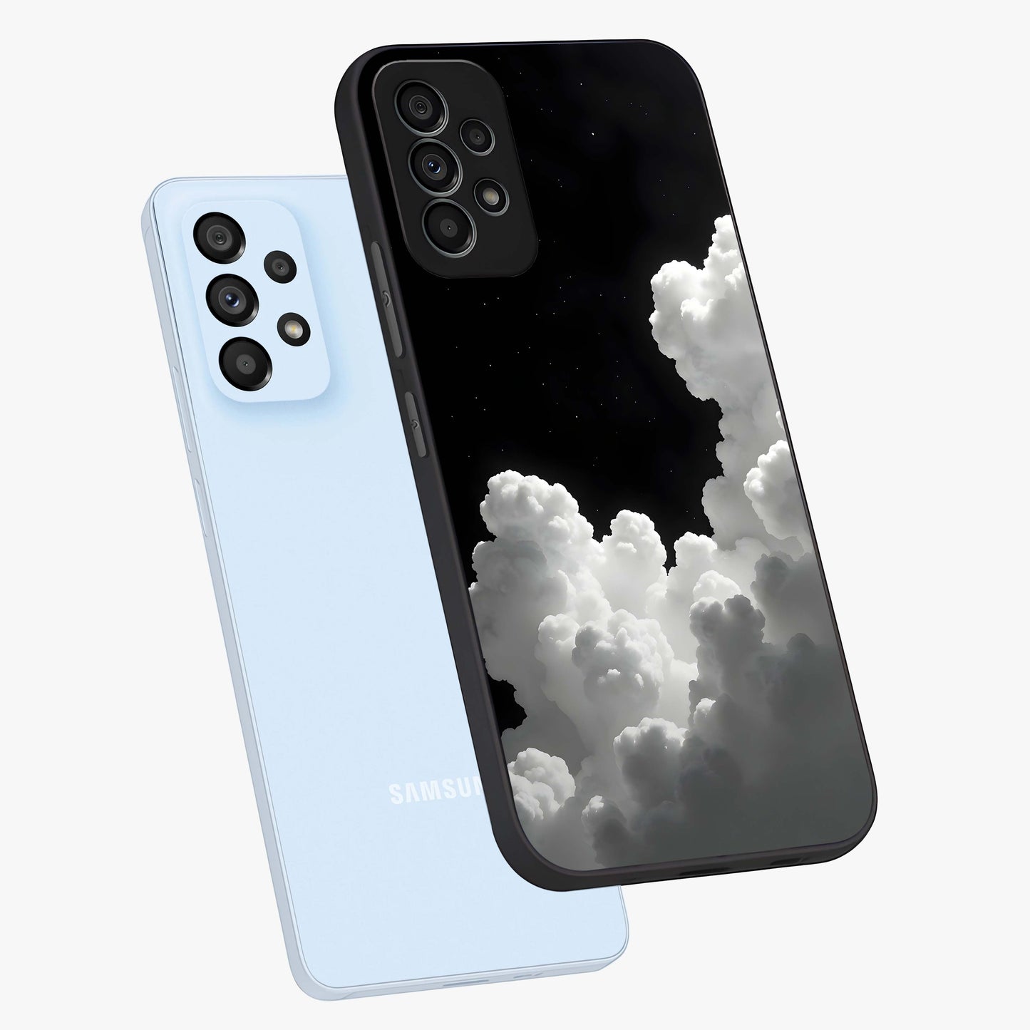Black Background With White Cloud Glass Case displayed in angled mockup highlighting soft white cloud illustration and minimal design.