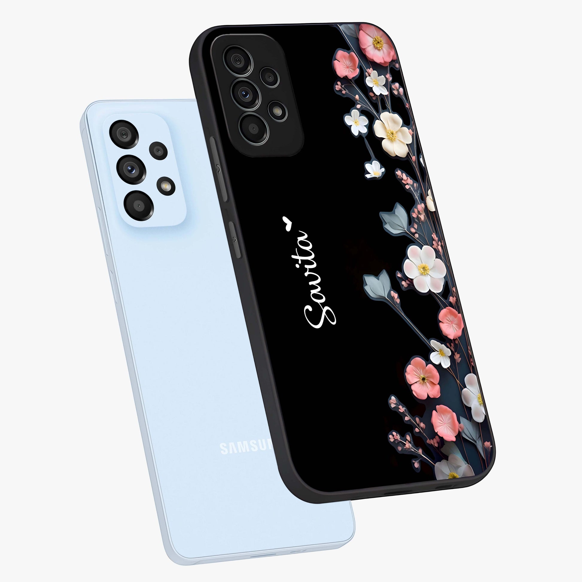 Black Elegance Floral Custom Name Glass Case displayed in angled mockup highlighting dark floral aesthetic and custom name feature.