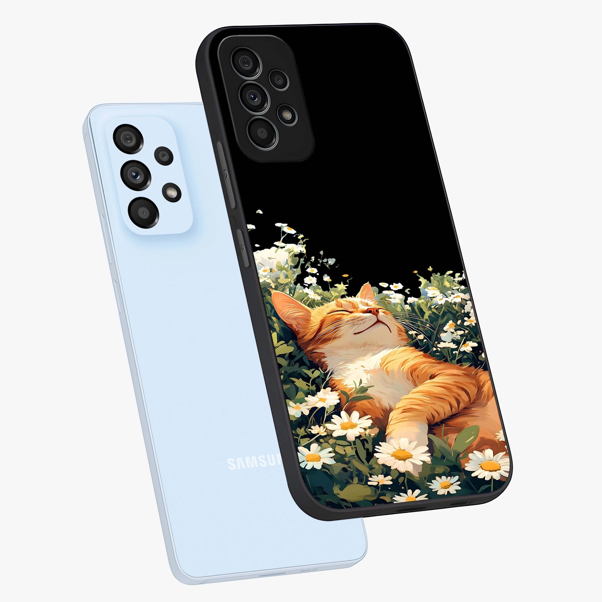 Blissful Bloom Cat Glass Case displayed in angled mockup highlighting playful feline illustration with soft floral aesthetic.