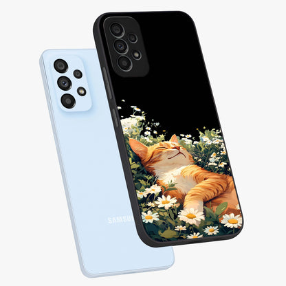 Blissful Bloom Cat Glass Case displayed in angled mockup highlighting playful feline illustration with soft floral aesthetic.