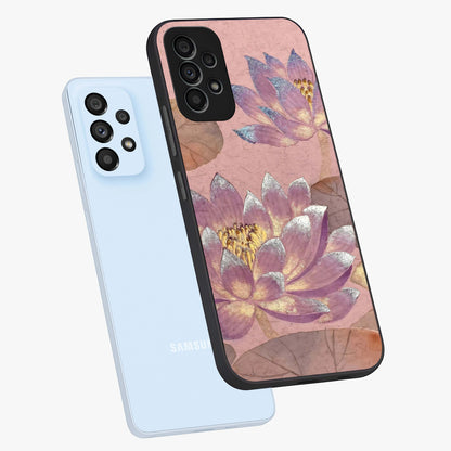 Blossom Mist Lotus Glass Case displayed in angled mockup highlighting delicate lotus illustration with calm aesthetic theme.