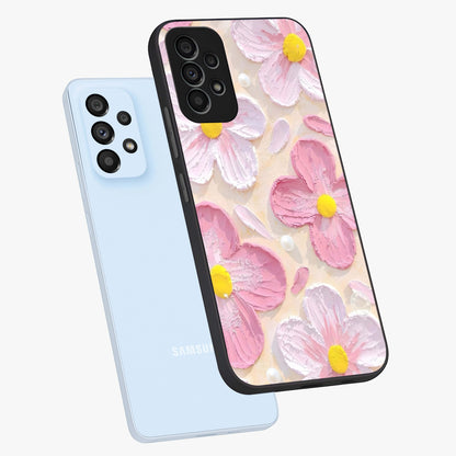 Blush Bloom Texture Glass Case displayed in angled mockup highlighting subtle bloom pattern with aesthetic pastel design.