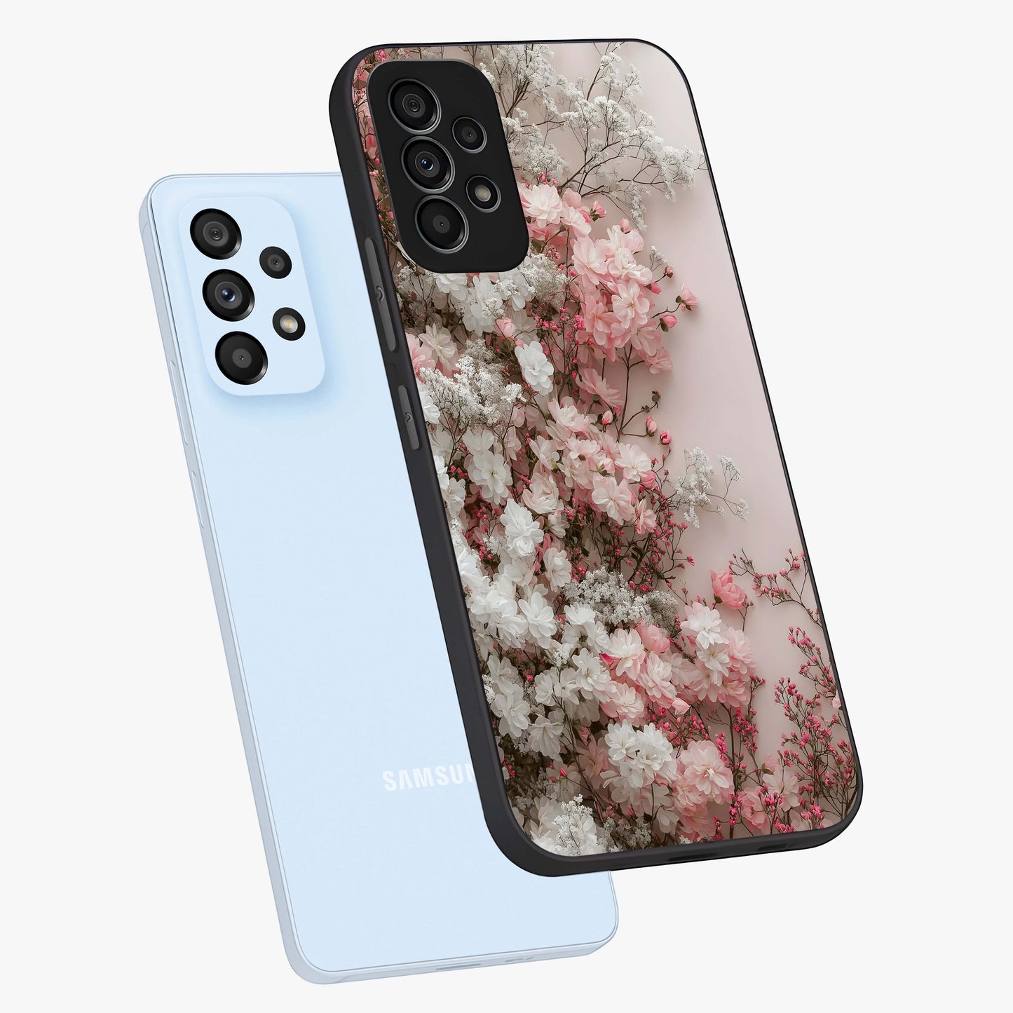 Blush Blossom Cloud Glass Case displayed in angled mockup highlighting soft cloud and blossom design with pastel aesthetic.