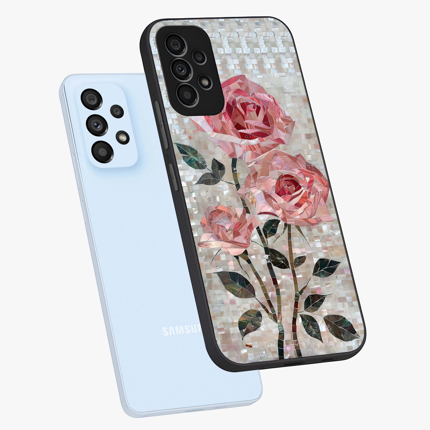 Blush Mosaic Bloom Glass Case displayed in angled mockup highlighting artistic mosaic flower pattern with aesthetic design.