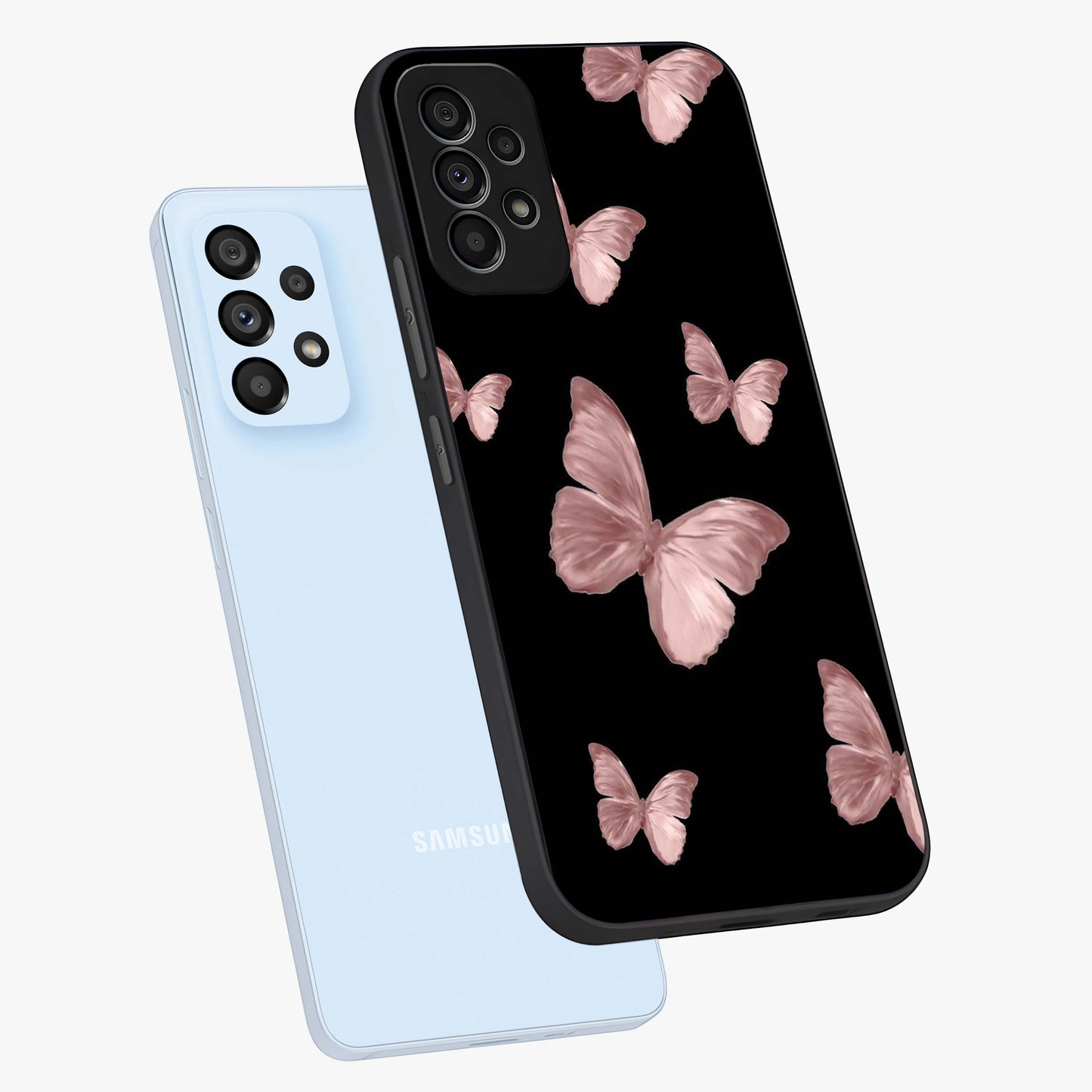 Butterfly Pattern Glass Case displayed in angled mockup highlighting delicate butterfly design and aesthetic pattern style.