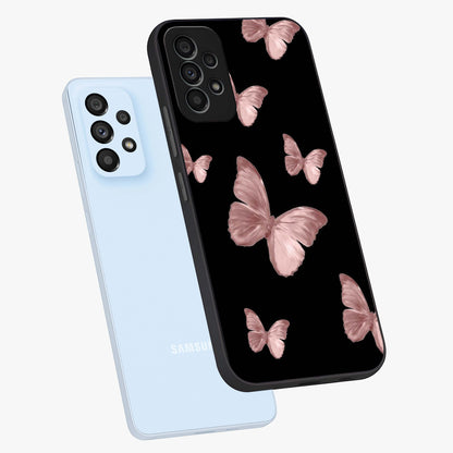 Butterfly Pattern Glass Case displayed in angled mockup highlighting delicate butterfly design and aesthetic pattern style.