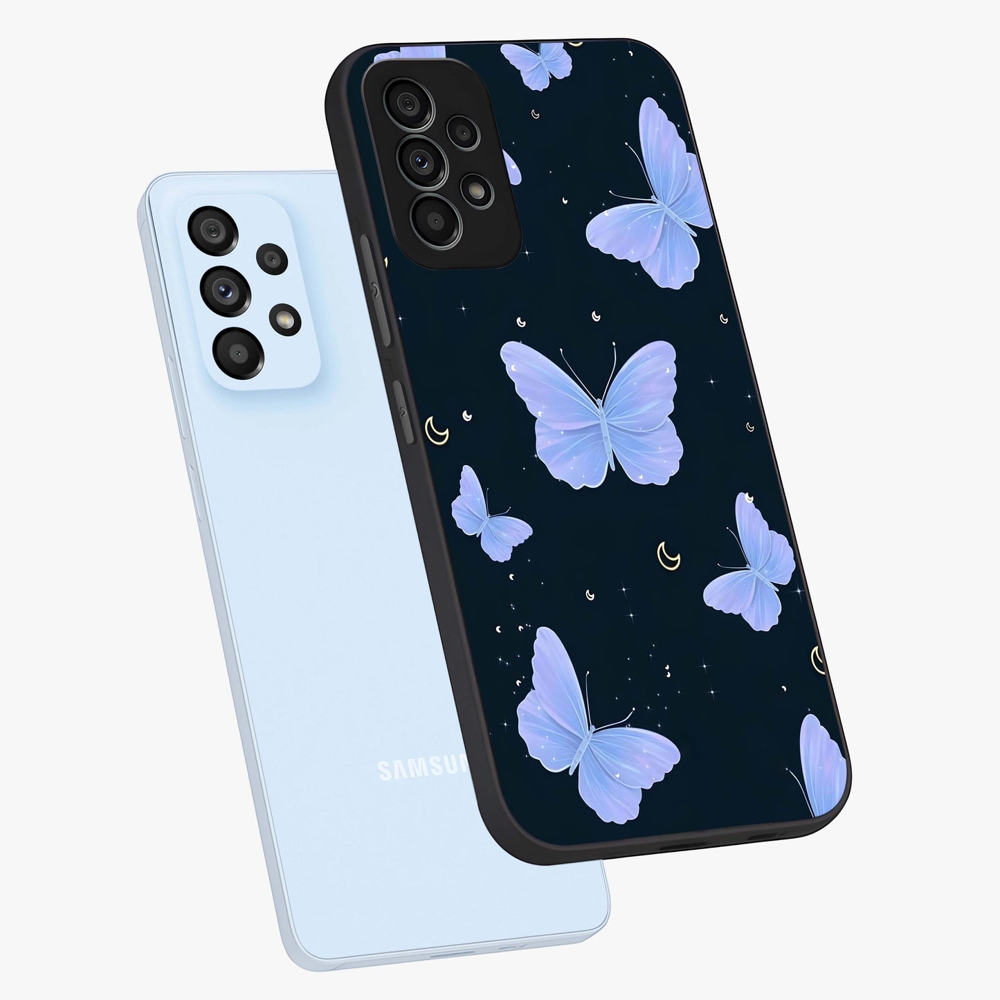 Butterfly With Stars Pattern Glass Case displayed in angled mockup highlighting dreamy butterfly and star design with aesthetic theme.