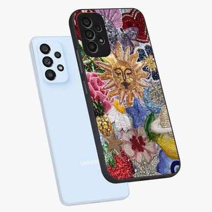 Celestial Floral and Playful Glass Case displayed in angled mockup highlighting playful floral design with dreamy celestial elements.