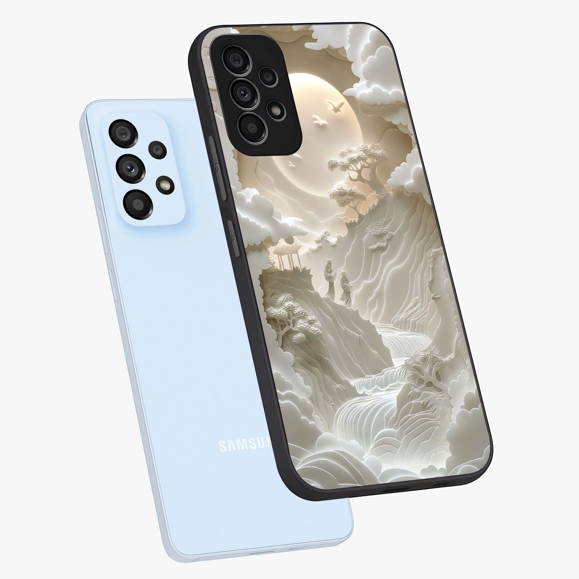 Celestial Origami Glass Case displayed in angled mockup highlighting geometric origami design with cosmic aesthetic theme.