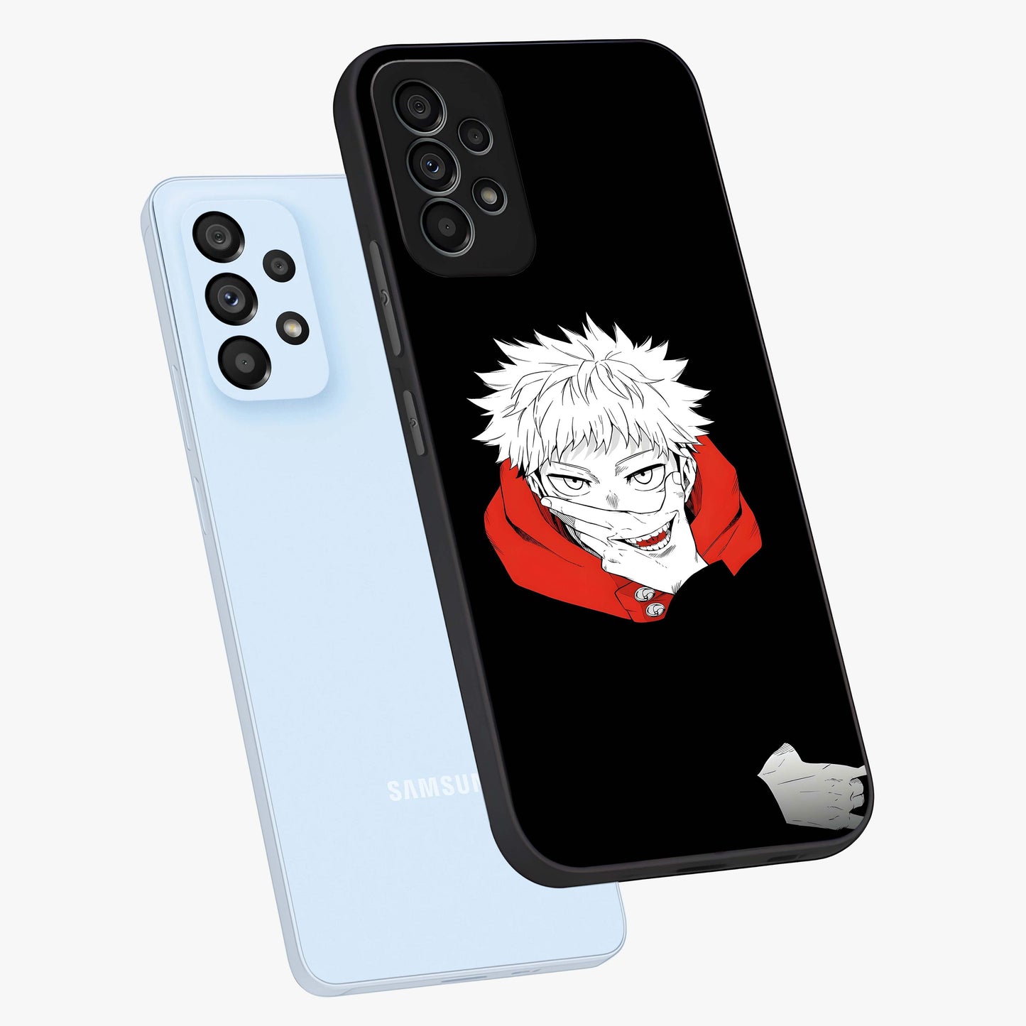 Crimson Chaos Smile Glass Case displayed in angled mockup highlighting edgy crimson smile design with graphic aesthetic.