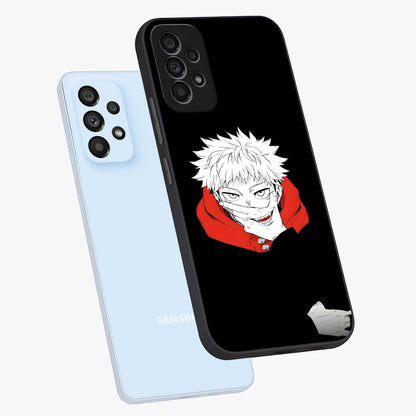 Crimson Chaos Smile Glass Case displayed in angled mockup highlighting edgy crimson smile design with graphic aesthetic.