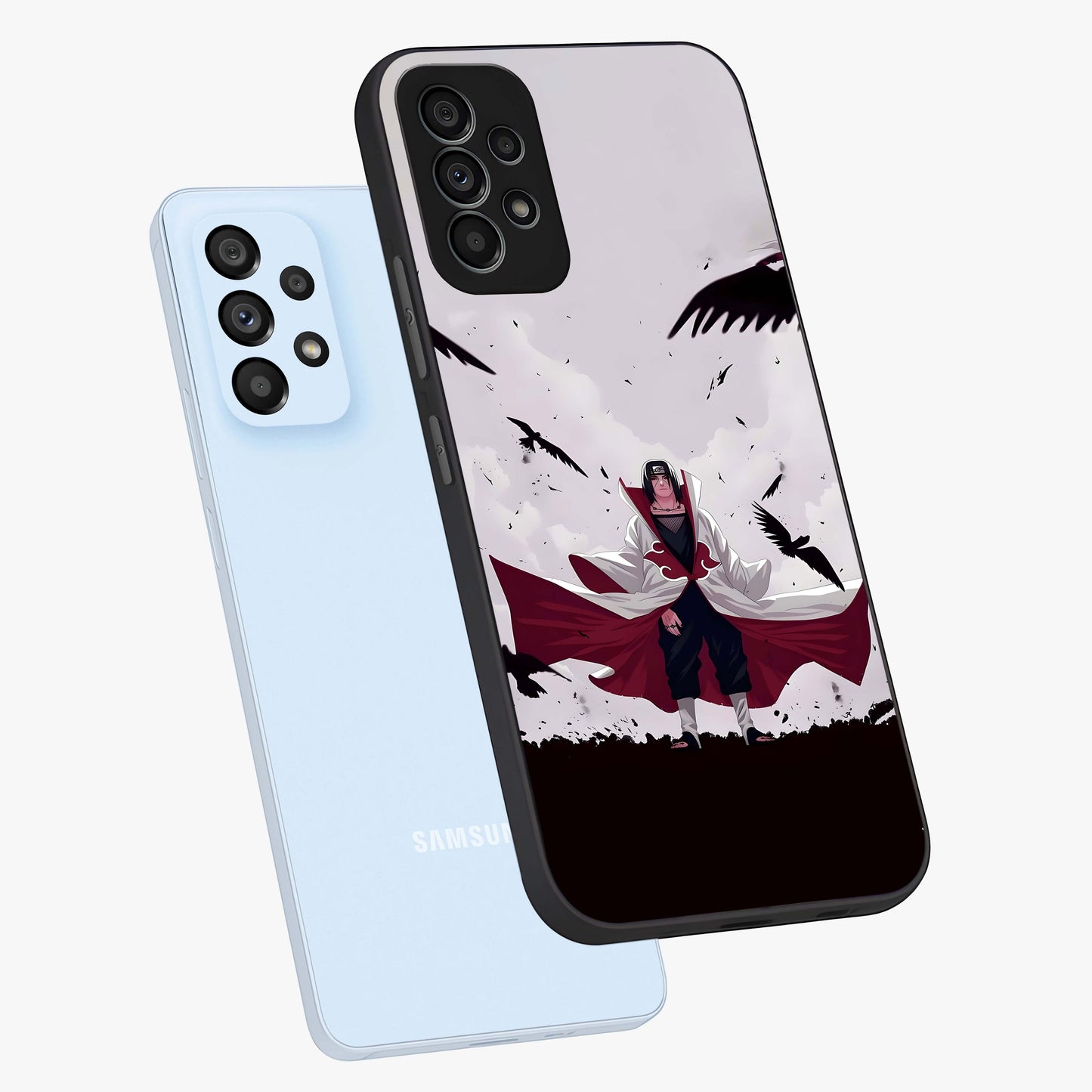 Crimson Crow Ascension Glass Case displayed in angled mockup highlighting powerful crow illustration with dark crimson aesthetic.