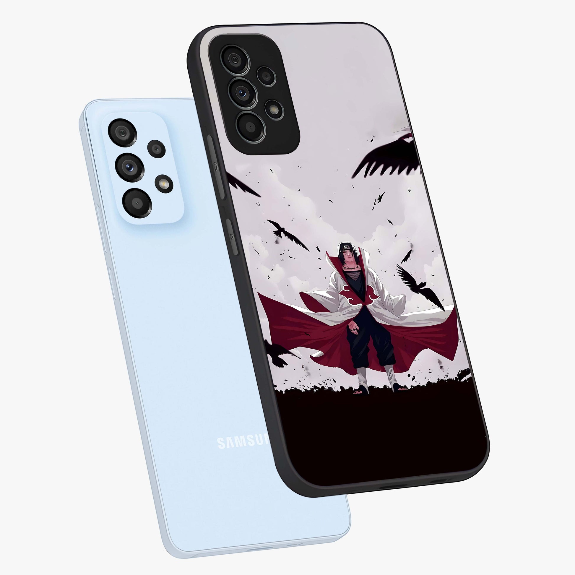 Crimson Crow Ascension Glass Case displayed in angled mockup highlighting powerful crow illustration with dark crimson aesthetic.